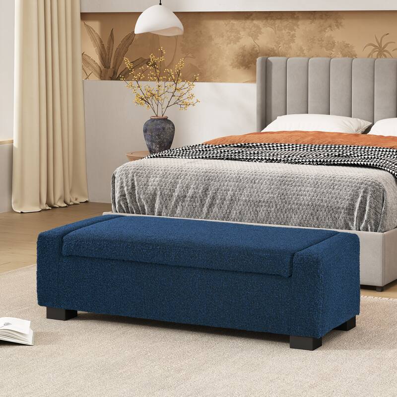 Textured Fabric Storage Bench with Hidden Storage, Multi-Functional Rectangular Storage Ottoman, Footrest with Hinged Lid - Blue
