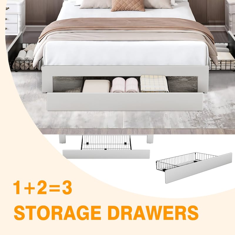 VECELO Bed Frame with Storage Drawers Leather Upholstered with Diamond Tufted Headboard Solid Wood Slat Support