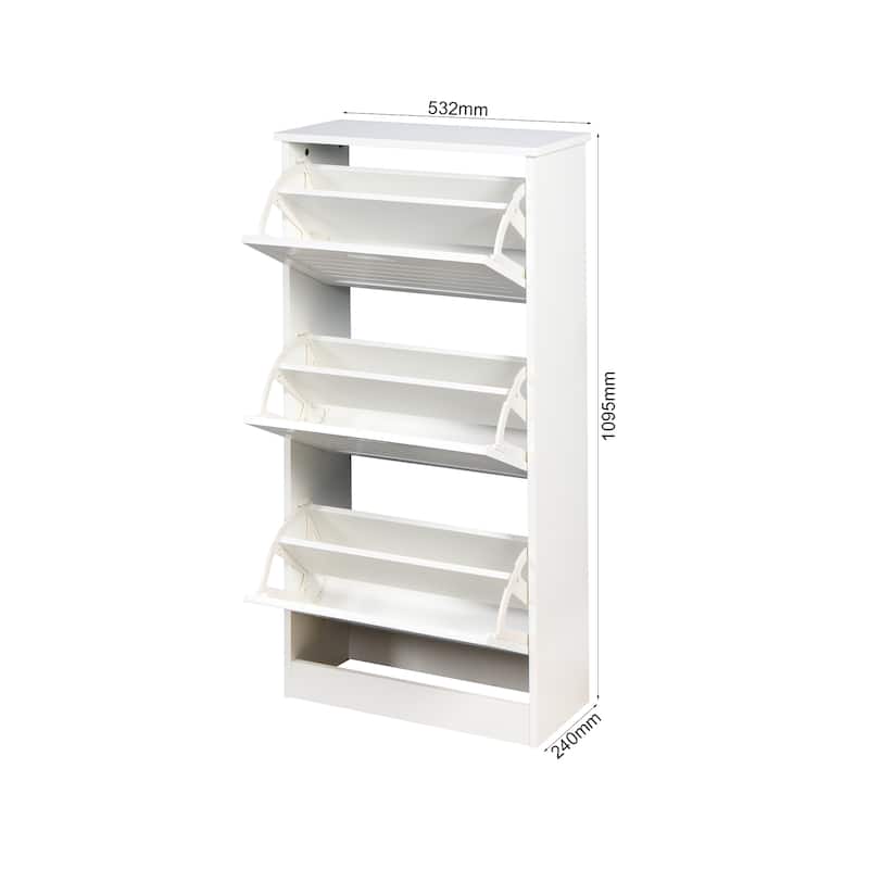 White Wooden Shoe Storage Cabinet with 3 Flip Doors - 9.45"W x 43.3"H x 20.94"D