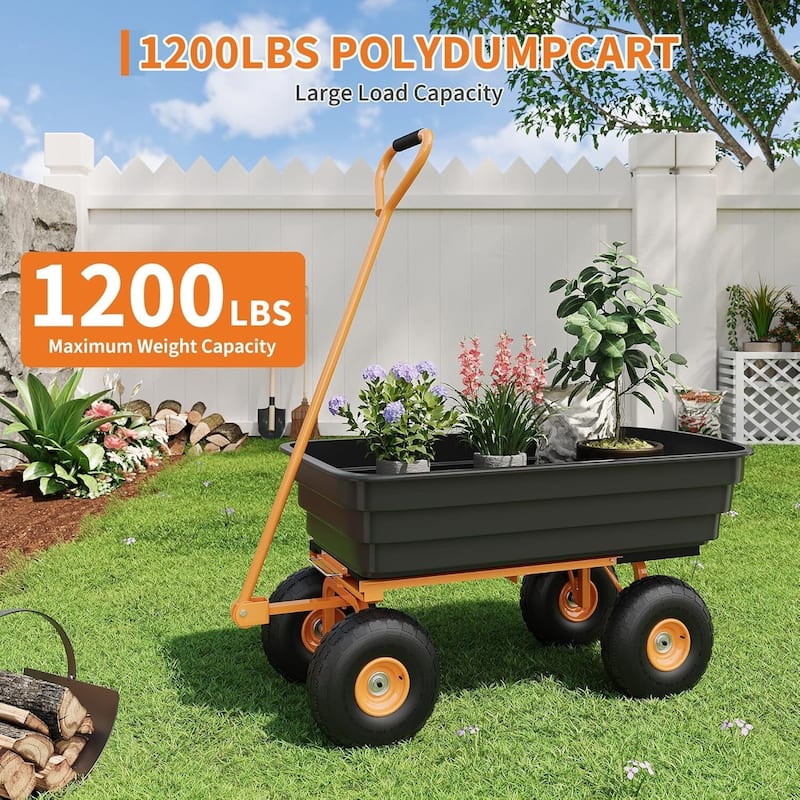 Heavy Duty Garden Dump Cart 1200lb Capacity, Yard Wagon with 180° Pivoting Handle