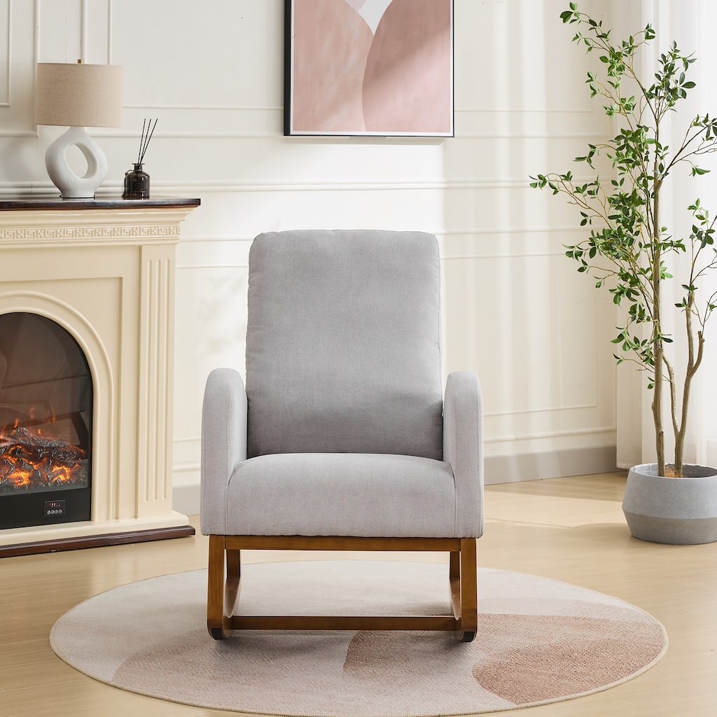 27.2"W Rocking Chair Light Gray Side Chair with High Back and Side Pocket, Accent Chair Armchair with Wood Legs