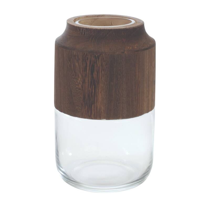 9" Brown And Clear Glass Round Table Vase With Wood - 5.50