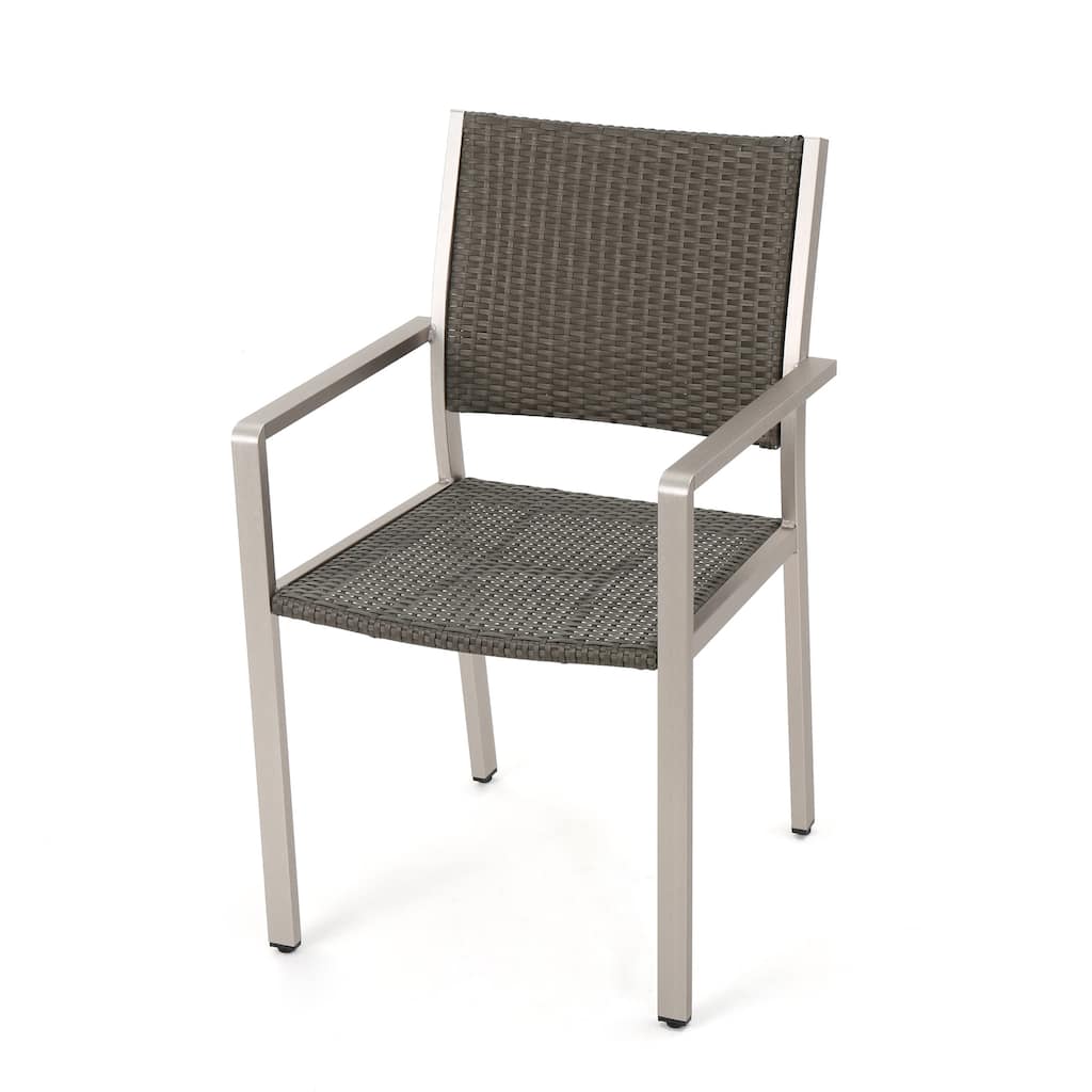 Kory Dining Chair Set of 2, Outdoor Woven Black Wicker Seat, Back, Gray