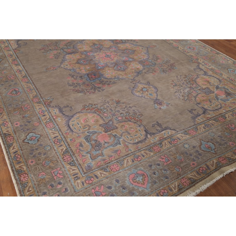 Distressed Brown Tabriz Persian Antique Rug Hand-Knotted Wool Carpet - 8'2"x 11'0"