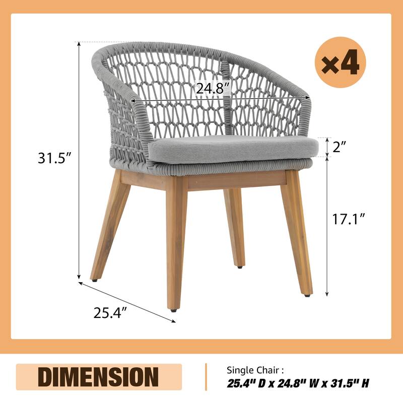 Outdoor Woven Rope Armchairs with Cushions, Set of 4