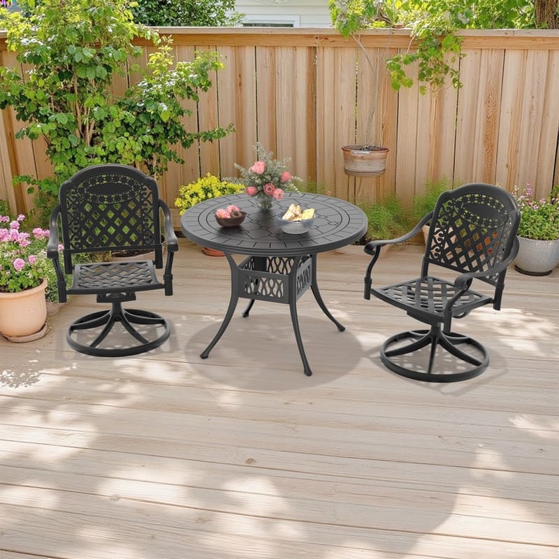 3-Piece Aluminum Round Outdoor Patio Dining Set, 2 Cushioned Swivel Chairs, Table, All-Weather Frames
