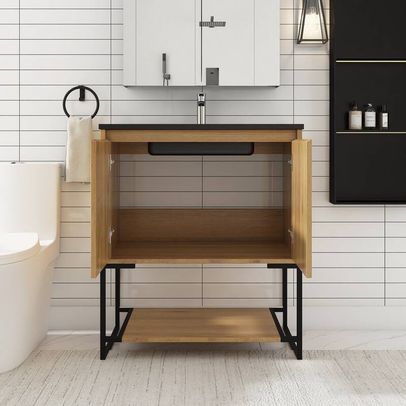 Freestanding Bathroom Vanity Set in Oak with Integrated Solid Surface Sink