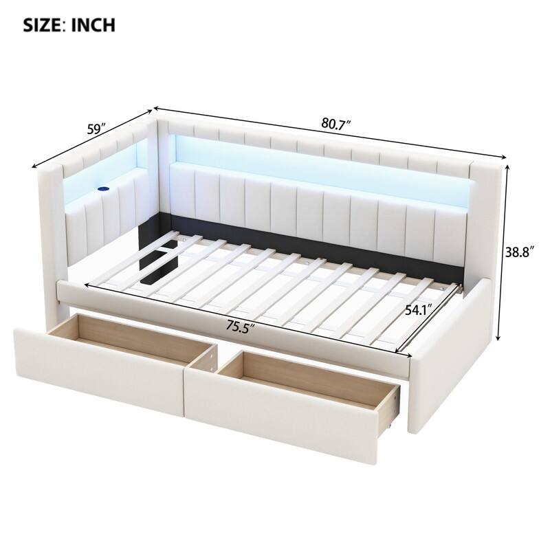 Twin Size L-Shaped Daybed with 2 Storage Drawers & LED Belt, Upholstered Daybed Frame Sofa Bed w/ USB Ports & Storage Headboard