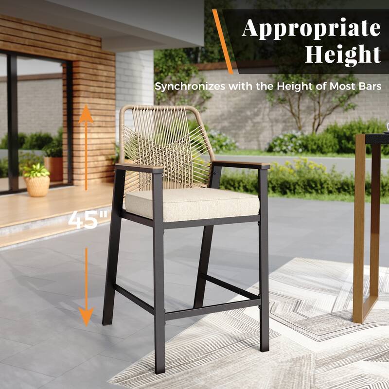 7-Piece Outdoor Patio Wicker Bar Counter Height Stool Set with Back and Cushion