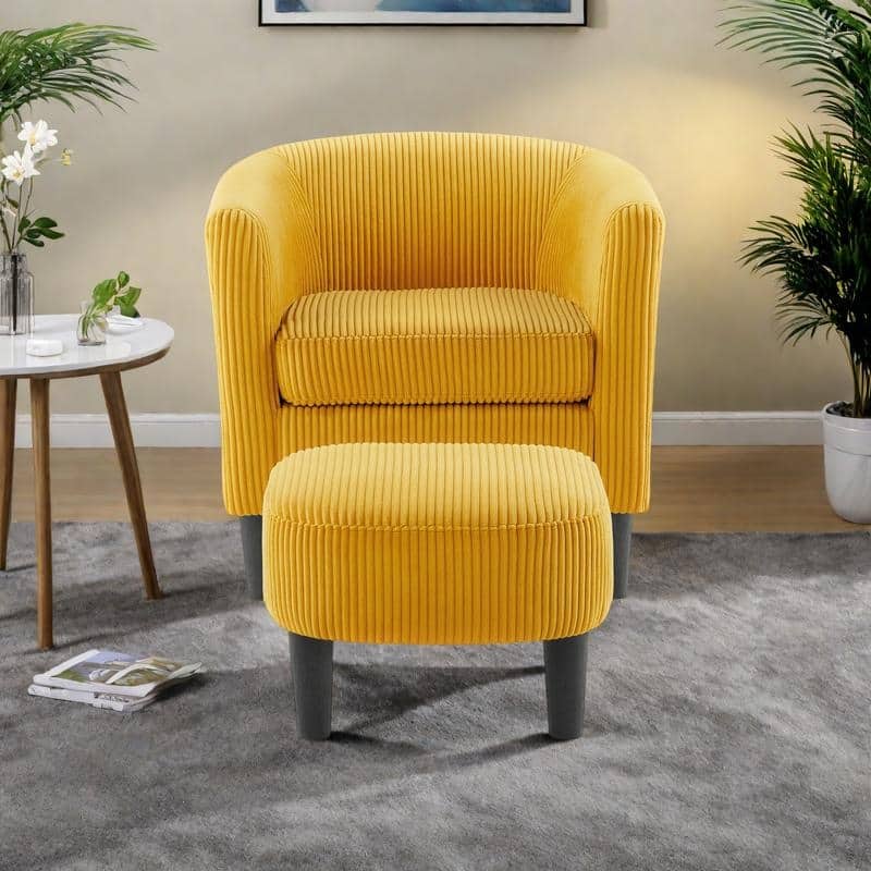 Corduroy Accent Chair with Ottoman - Modern Armchair for Living Room/Bedroom - Yellow