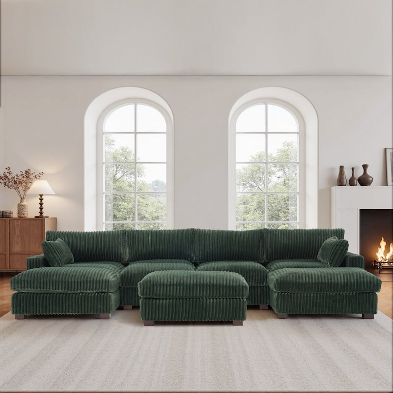 Oversied Plush Corduroy Fabric Modular Sectional Sofa with Chaise, Ottoman