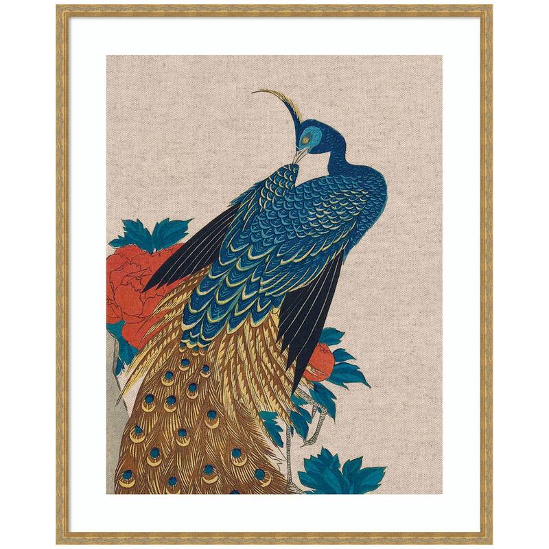 Kate and Laurel Framed Art Peacock and Peonies 1840 Utagawa Hiroshige Neutral Linen by The Art Institute of Chicago - 34x42 - Gold