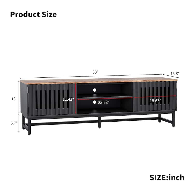 63" TV Stand with Slatted Grille Striped Doors and Storage Shelves for TVs Up to 60"