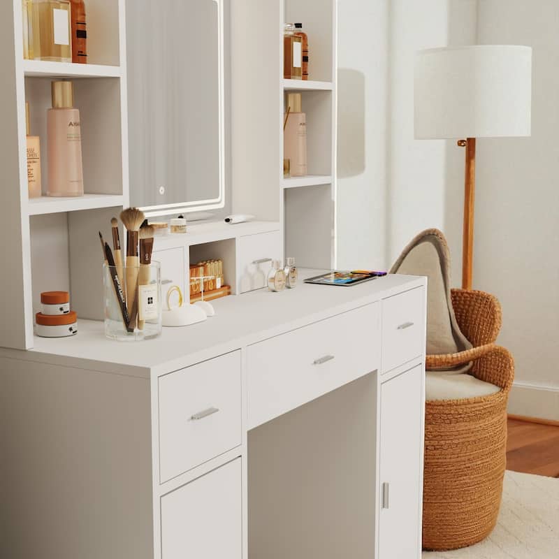 43" Vanity Desk with LED Mirror & Lights, Hair Dryer Rack, 5 Drawers, 2 Cabinets & Stool, Makeup Dressing Table for Bedroom