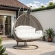 preview thumbnail 79 of 128, LeisureMod Modern 2-Person Egg Hanging Swing Chair with Beige Wicker, Oxford Fabric Cover, Patio Hammock Lounger and Cushions