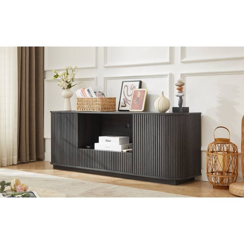 Sideboard Storage Cabinet TV Stand with wave pattern Buffet Cabinet Wooden Vertical Striped Cabinet - Black with drawers