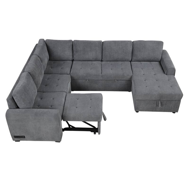 Convertible Sectional Sleeper Sofa with Pull Out Bed, Storage Chaise & Charging Devices, Oversized Corduroy U-Shaped Cloud Sofa