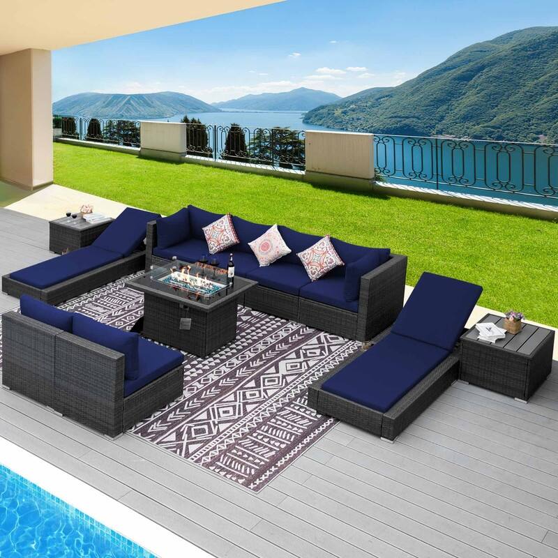 FINCATI Outdoor High-back Wicker Patio Sectional Set, 500 lbs Luxury Oversized Conversation Set, Spacious Couch Set - 240122 - Navy Blue