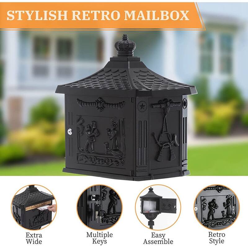 Retro Mid-century Aluminum Cast Mailbox with Post and Keys, Locking Residential Rust-Proof Security Postal Mailboxes
