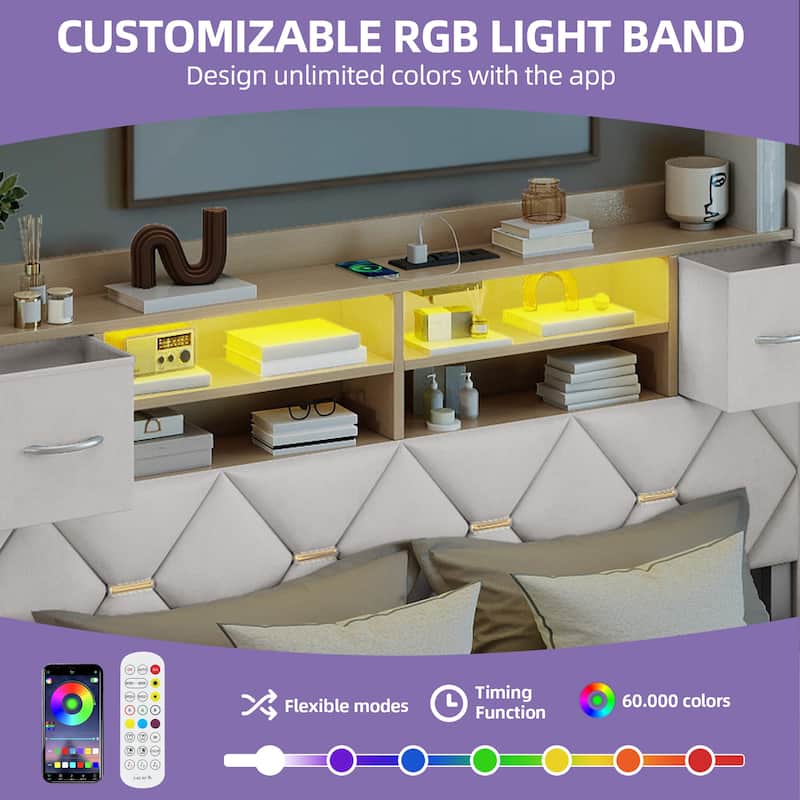 Farmhouse Bed Frame Upholstered Headboard Platform Bed with Charging Station