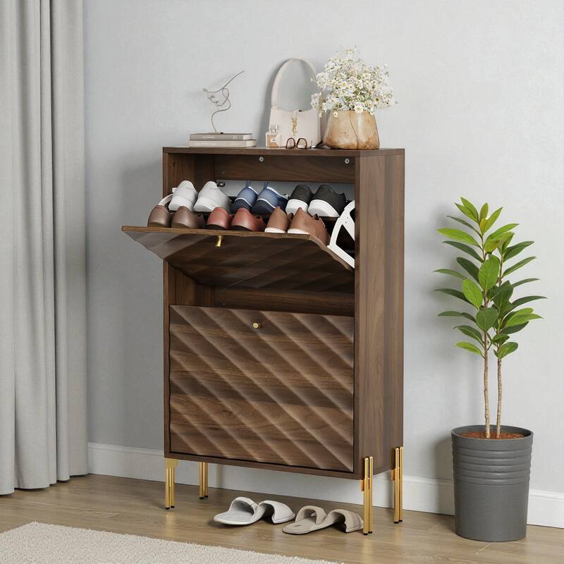 23.6" Shoe Cabinet with 2 Flip Drawers, Mid-Century Modern Freestanding Shoe Storage Organizer with Metal Legs