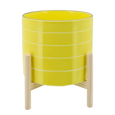 10" Striped Planter with Wood Stand, Yellow 11"H - 10.0" x 10.0" x 11.0"