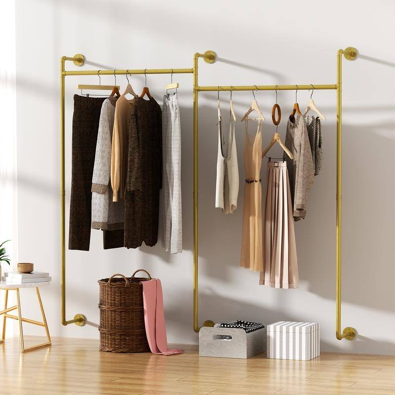 Industrial Pipe Clothes Rack Wall Mounted Iron Garment Bar for Closet Storage - 80.7x74.8 inch
