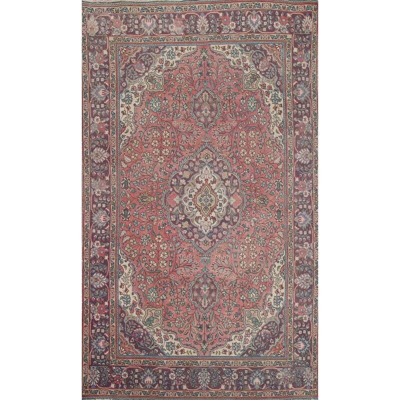 Hand Knotted Oriental 100% Wool Carpet Traditional Floral Pink Tabriz Area Rug - 9' 11'' X 6' 5''