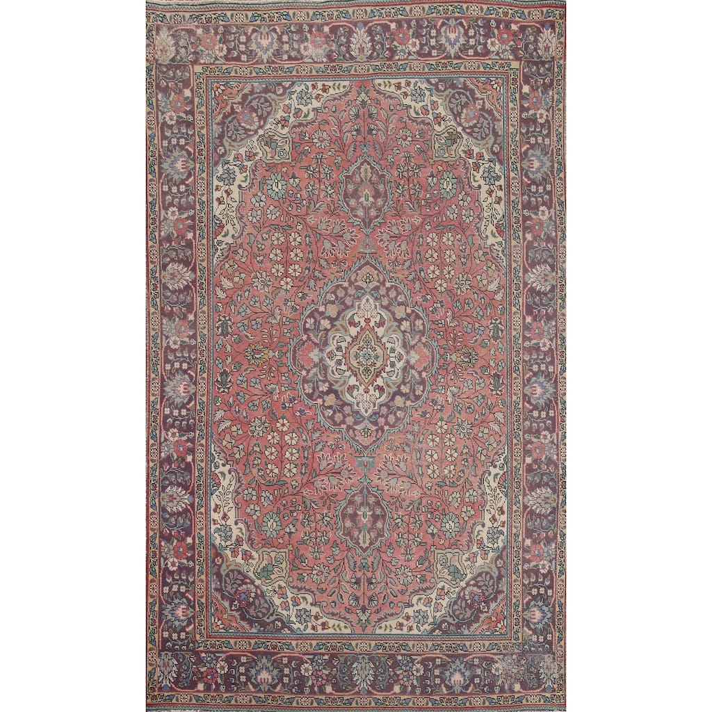 Hand Knotted Oriental 100% Wool Carpet Traditional Floral Pink Tabriz Area Rug - 9' 11'' X 6' 5''
