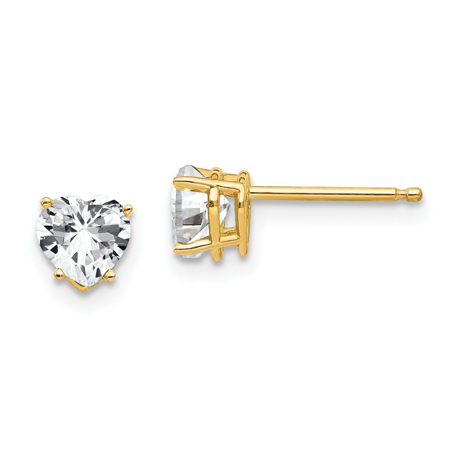14K Yellow Gold High Polished Micropave Heart Cubic Zirconia Stud Earring 