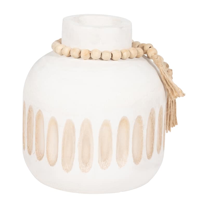 Sagebrook Home Wood, 8" Round Ridged Vase With Tassels, Round, 8"H, Ridged