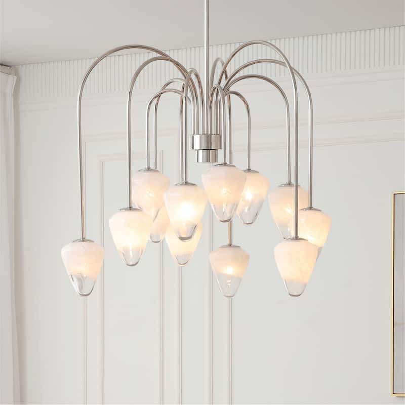 VidaLite Nimbus 12-Light Polished Nickle Chandelier With Snow White Glass Shades, Modern & Contemporary Style - 29" x 36" - Polished Chrome - 29" x 36"