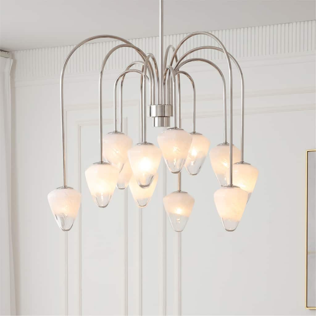 VidaLite Nimbus 12-Light Polished Nickle Chandelier With Snow White Glass Shades, Modern & Contemporary Style - 29" x 36"