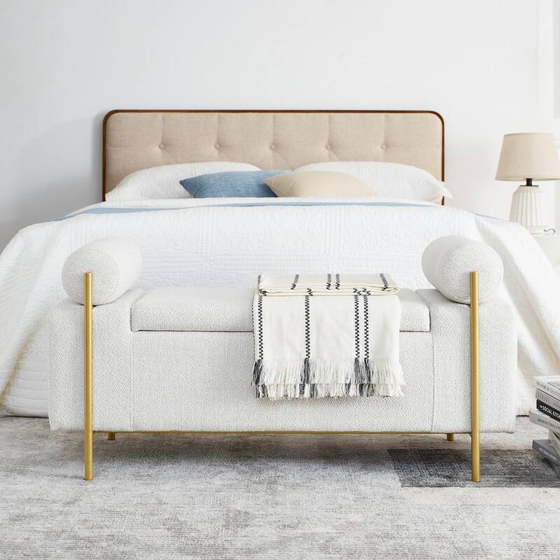 Morden Velvet Upholstered Storage Ottoman Bench, Elegant Footstool with Rolled Arms and Iron Legs for Bedroom, Hallway
