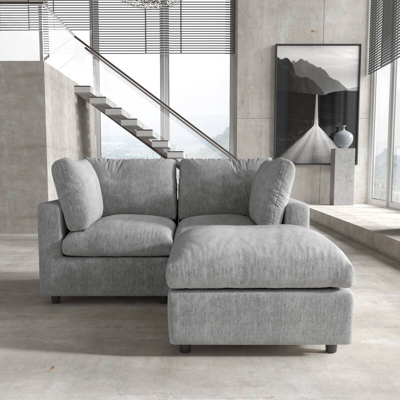 Modern Loveseat Couch with Ottoman Chenille Modular Sectional Sofa Removable Cover, Spring Cushions, Solid Wood Frame
