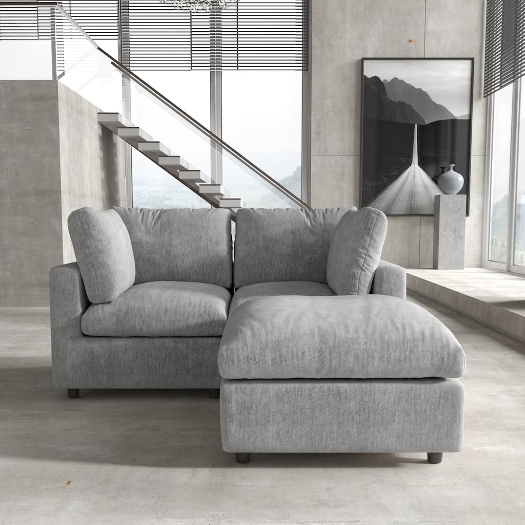 Modern Loveseat Couch with Ottoman Chenille Modular Sectional Sofa Removable Cover, Spring Cushions, Solid Wood Frame