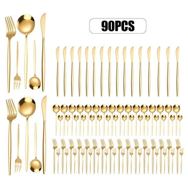 90Piece Stainless Steel Silverware Gold Flatware Set Bed Bath