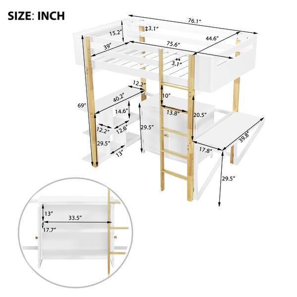 White Twin Size Solid Wood Loft Bed with Storage Cabinet & Desk