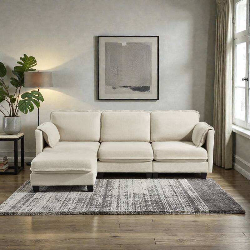 93" L-Shaped Modular Sofa, 3 Seater Sectional Couch with Storage Armrest Cushion and Ottoman for Living Room - Beige