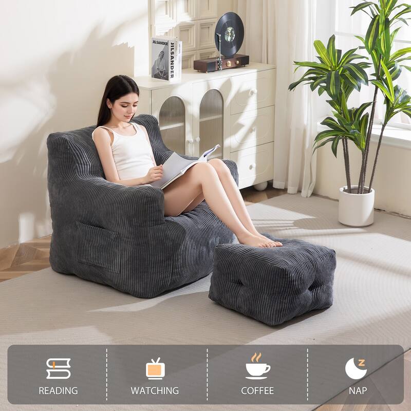 Corduroy Memory Foam bean bag Sofa With Ottoman