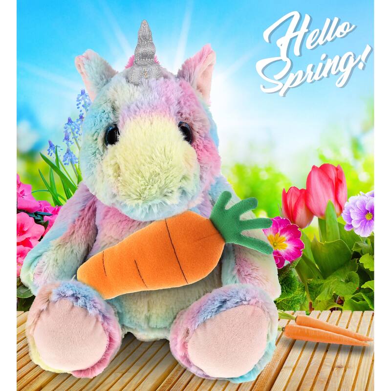 DolliBu Easter Super Soft Plush Sitting Rainbow Unicorn with Carrot - 10 inches
