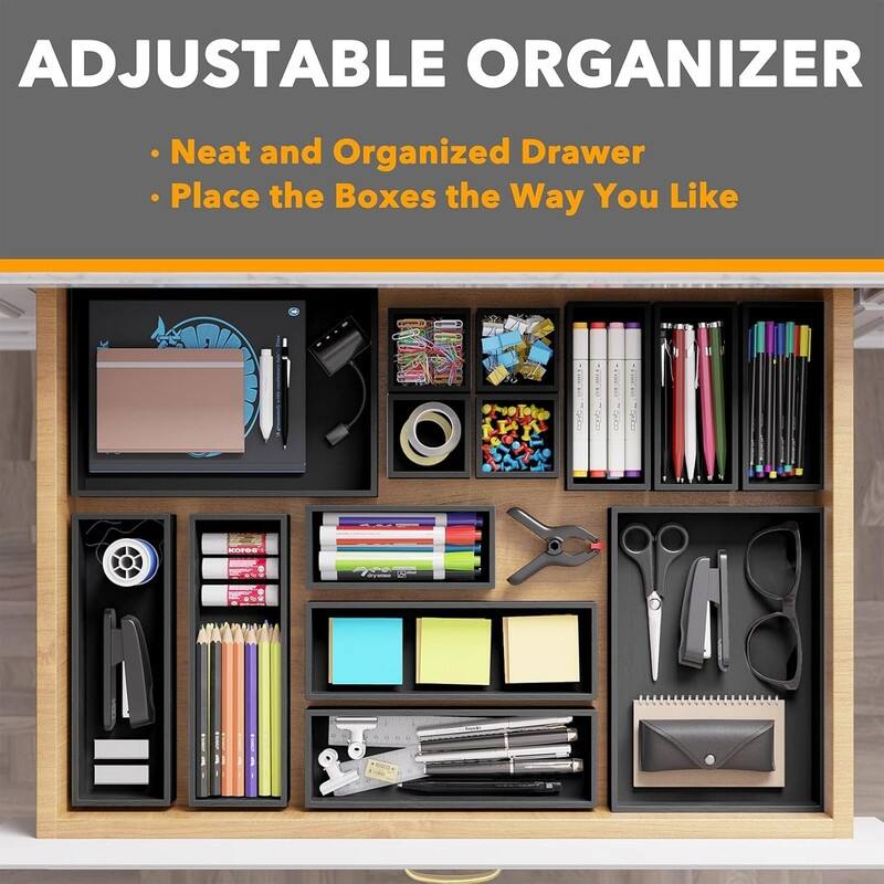 14-Piece Bamboo Drawer Organizer Storage Boxes Set, Wood Tray Junk Drawer Organizers Multi-Use Divider Bins