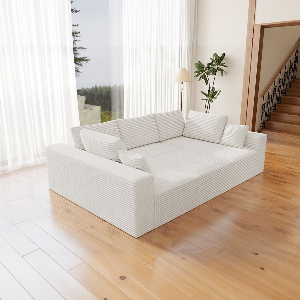 Roomfitters 98.4" Modular Sectional Sofa, 4-Piece Compressed Cloud Couch, No Assembly Required, Plush Corduroy, White