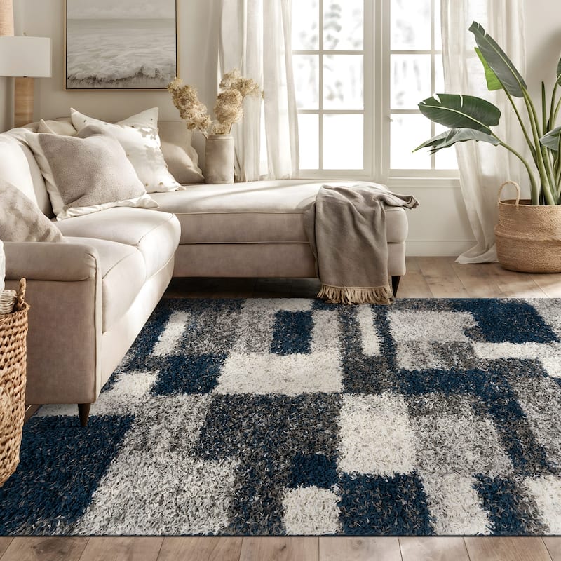 World Rug Gallery Distressed Modern Boxes Plush Shag Area Rug