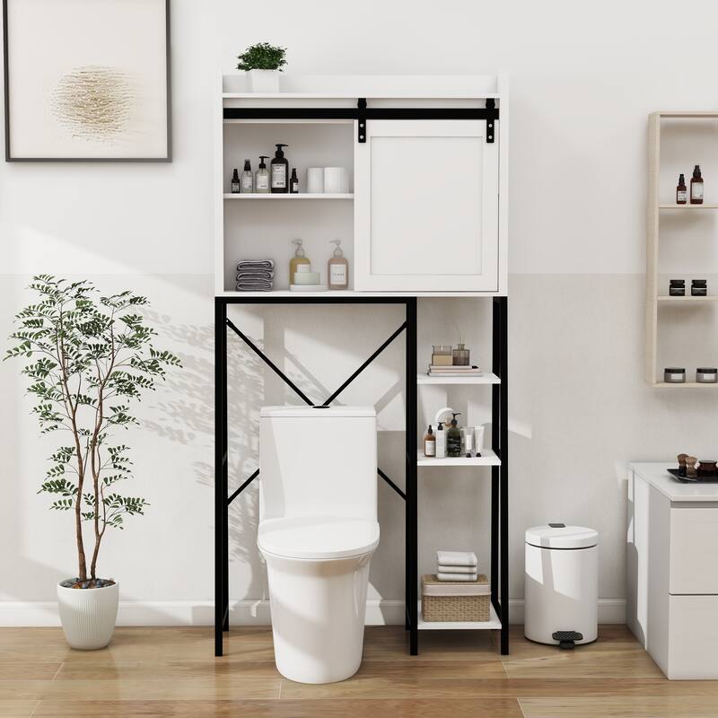 Anmytek White Over The Toilet Storage Cabinet with Sliding Barn Door Industrial Farmhouse Bathroom Organizer