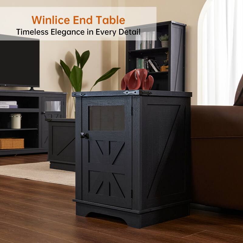Farmhouse 18' Rustic Nightstand Wooden End Table with Charging, Barn Door, Adjustable Shelf and 3-Tier Storage