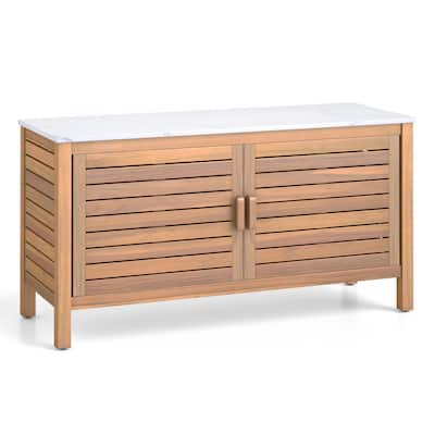 Gymax 2-Door Patio Storage Cabinet w/ Faux Marble Top Wooden Sideboard