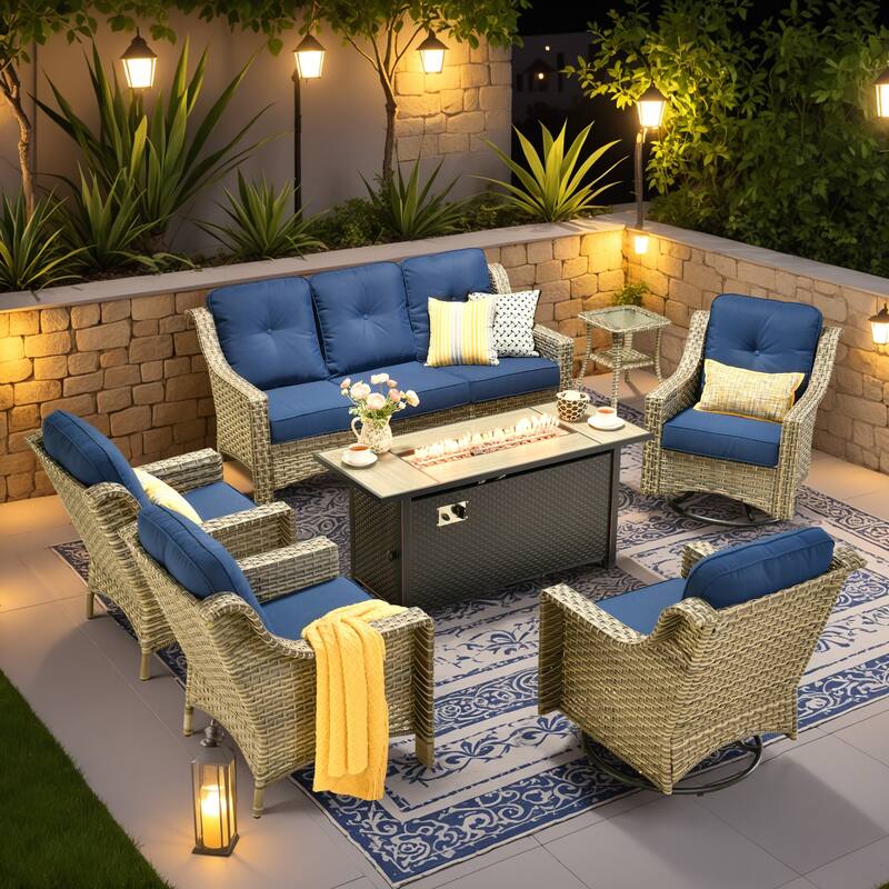 OVIOS 7-piece Patio Wicker Swivel Rocking Chair Set With Fire Pit - Navy Blue