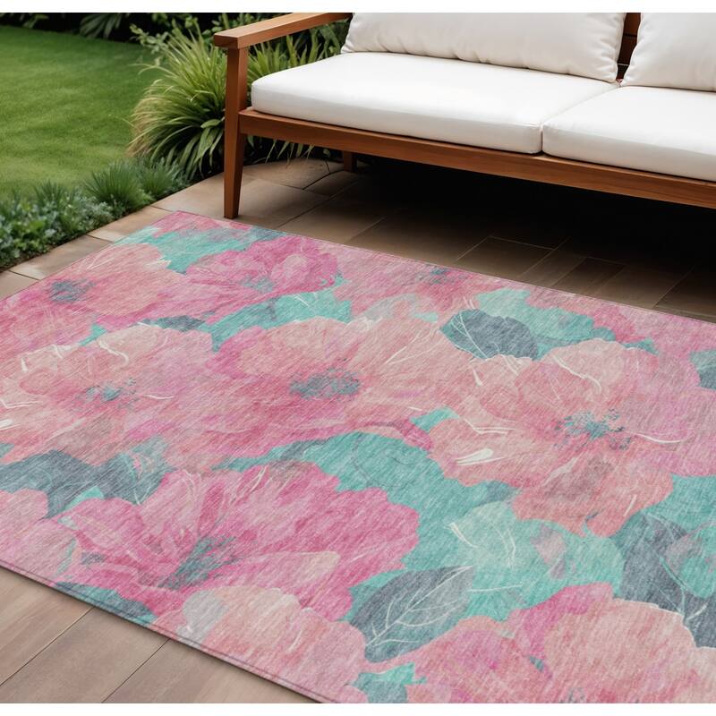 HomeRoots Floral Transitional Rectangle Outdoor Rug - Blue/Pink - 8' X 10'