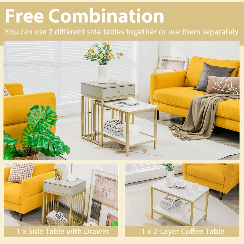 Costway Set of 2 Nesting Coffee Table Drawer Shelf Modern Sofa Side